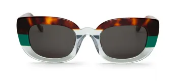 Lentes de sol Mr Boho modelo Shumikita, con montura gruesa de acetato color carey en la parte superior, verde en los laterales y transparente en la parte inferior.