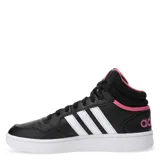 Championes Adidas Hoops 3.0 Mid de caña alta, color negro con detalles en blanco y rosa. Presentan las tres tiras clásicas de Adidas en los laterales y suela blanca.