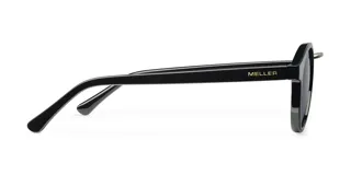 Lentes de sol redondos con armazón de policarbonato negro y puente metálico plateado. Lentes polarizados negros con protección UV400.