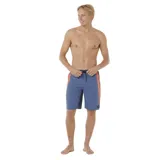 Short de baño Rip Curl modelo Giant Prawn de color azul, con cintura elástica y cordón de ajuste negro. Cuenta con franjas laterales en color naranja y negro, y detalle de etiqueta con logo en el borde inferior.