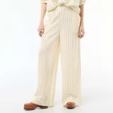 Pantalón palazzo de corte ancho, color amarillo con rayas finas verticales azules, confeccionado en mezcla de lino con cintura elástica.