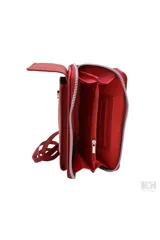 Porta celular Las Oreiro de diseño vertical, con solapa frontal y cierre perimetral. Presenta un aplique metálico circular con el logo de la marca en el frente y correa larga ajustable para llevar al hombro o cruzado.