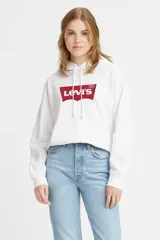 Buzo hoodie blanco de Levi's con logo Batwing rojo estampado en el pecho.