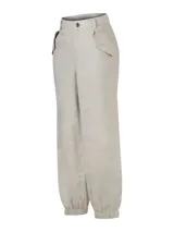 Pantalón Blake de tiro alto color beige, confeccionado en lino orgánico. Presenta bolsillos laterales con solapa y botón, elástico en los tobillos y cierres en el dobladillo.