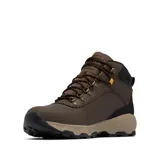 Bota de senderismo Columbia modelo Newton Ridge, confeccionada en cuero impermeable color marrón con detalles en negro y suela de goma beige. Presenta sistema de cordones con herrajes metálicos y tecnología de amortiguación para mayor estabilidad y tracción en terrenos variables.