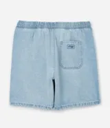 Bermuda de jean para hombre, color gris oscuro con efecto acid wash, cintura elástica con cordón de ajuste, bolsillos y tag aplicado.