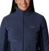 Campera polar con cierre completo, cuello alto y bolsillos laterales. Presenta un diseño entallado con paneles laterales en un tono más oscuro y logo de la marca bordado en el pecho.