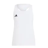 Musculosa deportiva Adidas Adizero Essentials, color blanco, con espalda tipo nadador y logo de las tres barras en negro en el pecho.