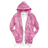 Campera con capucha rosa de algodón con cierre frontal y cordones blancos.