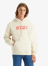Buzo con capucha y bolsillo tipo canguro, confeccionado en color beige con el logo de Levi's estampado en rojo en el frente. Presenta un corte holgado y cordones ajustables en la capucha.