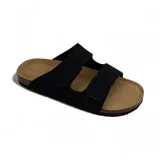 Sandalias negras con dos tiras anchas con costuras en forma de X, plantilla de corcho y suela de goma.