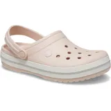 Zuecos Crocs modelo Crocband™ en color lila claro con plataforma blanca y una línea decorativa morada. Presentan el diseño clásico con orificios de ventilación y tira trasera ajustable.