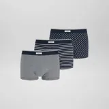 Pack de tres boxers de algodón elástico con cintura elástica con logo. Incluye un boxer azul marino con estampado geométrico, un boxer azul marino con rayas horizontales blancas y un boxer blanco con rayas horizontales azul marino.