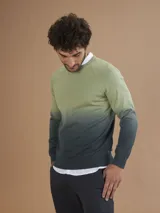 Sweater de punto con cuello redondo y mangas largas, con diseño degradado de verde claro a verde oscuro.
