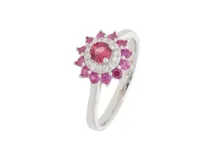 Anillo de plata 925 con forma de flor, con circonias blancas y fucsias. Talle 15.