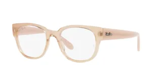 Armazón Ray Ban 7210/50 color beige, con forma cuadrada y patillas gruesas con logo de la marca.