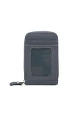 Billetera negra con cierre de cremallera y logo de la marca en la parte inferior.