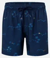 Bermuda de baño masculina, color azul marino, con cintura elástica y cordón ajustable. Presenta una estampa repetitiva de paisaje tropical con palmeras y montañas.