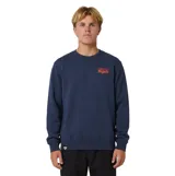 Buzo azul marino Rivvia modelo Blueprint, con cuello redondo, manga larga y estampa tipográfica en el pecho con los colores rojo y naranja. Cuenta con puños y cintura elastizados, y una pequeña etiqueta decorativa en el borde inferior.