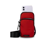 Bolso porta celular con cierre frontal, compartimentos internos para tarjetas y bolsillo trasero. Incluye correa elástica regulable y desmontable.
