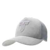 Gorro tipo trucker de color negro, confeccionado en tela de corderoy con paneles traseros de malla. Presenta un logo bordado en relieve en el panel frontal.