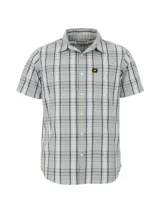 Camisa de manga corta con estampado de cuadros, cuello clásico y cierre frontal con botones. Cuenta con un bolsillo en el pecho y el logo de la marca Caterpillar bordado.