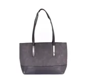 Cartera tipo tote bag color gris con base negra y herrajes plateados.