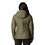 Campera técnica Columbia modelo Heavenly con capucha, color verde oliva. Presenta diseño acolchado con costuras en forma de V, cierre frontal completo, bolsillos laterales con cremallera y puños con orificios para pulgares. Incorpora tecnología Omni-Heat para termorreflexión y tejido resistente al agua.
