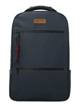 Mochila RKF de diseño minimalista en color azul marino, confeccionada en poliéster reciclado repelente al agua. Cuenta con dos bolsillos frontales con cierre, un asa superior reforzada y un llavero mosquetón decorativo con cordón rojo.