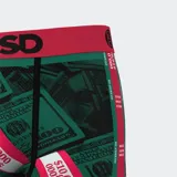 Calzoncillos bóxer de hombre PSD con estampado de billetes de 100 dólares y fajos de billetes de 10.000 dólares. Cintura elástica roja con logo PSD.