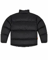 Campera puffer de nylon acolchada color beige, con cuello alto y cierre frontal. Presenta el logo de la marca Mistral estampado en el pecho.