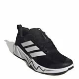 Championes deportivos Adidas Rapidmove Go Trainer, color negro con las tres tiras laterales en blanco y suela blanca con diseño geométrico. Presentan tecnología Climacool en la lengüeta y tejido de malla transpirable.