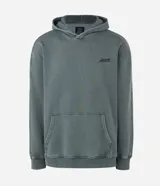 Hoodie de algodón verde con efecto acid wash, corte boxy, capucha y gran bordado en relieve con la palabra "horizon" en la espalda.