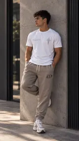 Pantalón jogger deportivo de algodón rústico en color gris, con cordón ajustable en la cintura y puños elastizados en los tobillos. Presenta un pequeño estampado en el muslo izquierdo.