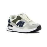 Championes deportivos Austral modelo Ushuaia, con combinación de colores gris claro, blanco hueso, azul marino y verde oliva. Presentan paneles de malla y gamuza sintética, y una suela blanca con detalles salpicados en negro.