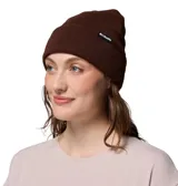 Gorro tipo beanie de punto color marrón, con diseño de doblez y etiqueta con logo de la marca Columbia en el frente.