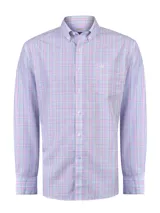 Camisa de manga larga RKF modelo Wf Pb, de corte regular y cuello americano abotonado. Presenta un estampado de cuadros multicolores en tonos celestes, rosados y verdes sobre base blanca, con un bolsillo en el pecho que incluye el logo bordado.