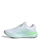 Championes de running Adidas Galaxy 7 para mujer, color blanco con detalles en verde menta y suela en tono menta claro. Presentan las tres franjas características de Adidas en los laterales.