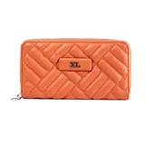 Billetera naranja con diseño acolchado y logo XL en el centro.