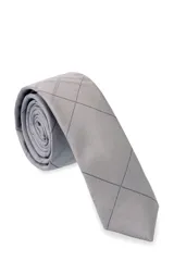 Corbatín gris con diseño a cuadros en azul marino.