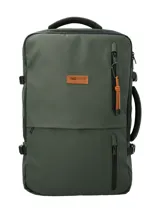 Mochila multifuncional RKF color verde militar, fabricada en poliéster reciclado repelente al agua. Cuenta con tres compartimentos principales con cierre, compartimento interno para laptop de 15 pulgadas, múltiples bolsillos frontales con cierre, mango lateral para uso como maletín, correas ajustables y panel trasero acolchado.