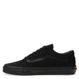 Championes Vans modelo Old Skool, color negro total, confeccionados en lona y cuero, con suela de goma tipo waffle y cierre de cordones.