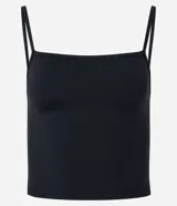 Top cropped gris oscuro de poliamida, con escote recto y breteles finos, ajuste al cuerpo.