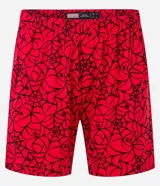 Conjunto de pijama corto para hombre, con remera blanca con estampa de Spider-Man y short rojo con estampado de telarañas.