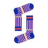 Medias Happy Socks con diseño de rayas verticales rosas y amarillas sobre fondo azul.