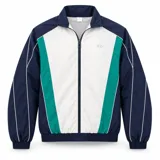 Campera deportiva Ellesse modelo Sako, diseño en bloques de color azul marino, blanco y verde, con cierre frontal completo, cuello alto y detalles de líneas blancas en las mangas.