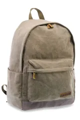 Mochila de lona tipo canvas lisa, color verde oliva con base gris.