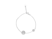 Pulsera de plata italiana 925 con cadena de eslabones y dos dijes circulares, uno con nácar y otro con circonias.