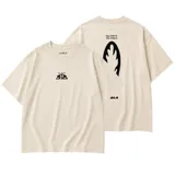 Remera color arena de corte oversize, con estampa en el pecho y gran diseño gráfico en la espalda en color negro, marca La Ola.