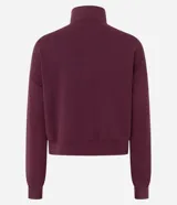 Campera de cuello alto en color bordó, con cierre frontal metálico y detalle de piping en contraste. Presenta puños y ruedo acanalados, con un diseño de corte deportivo y moderno.